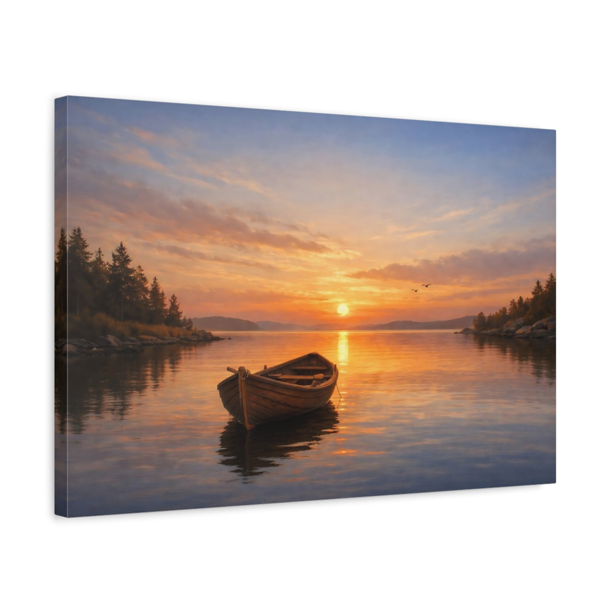 Side Mockup 3. Nature Sunset Boat shown as stretched canvas wall art