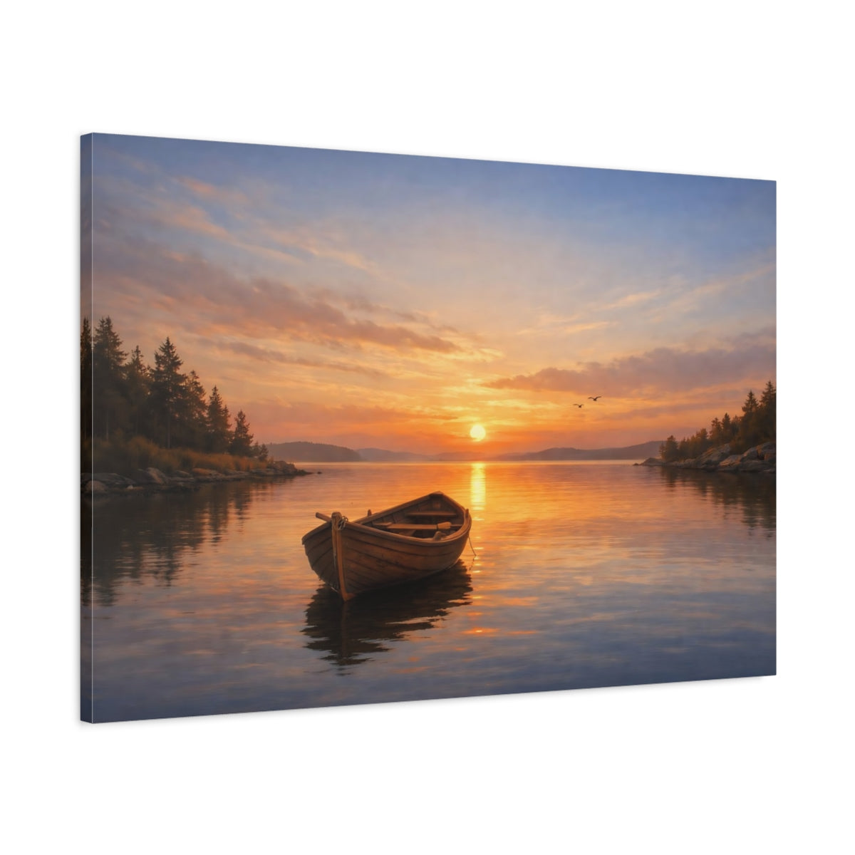 Side Mockup 1. Nature Sunset Boat shown as stretched canvas wall art