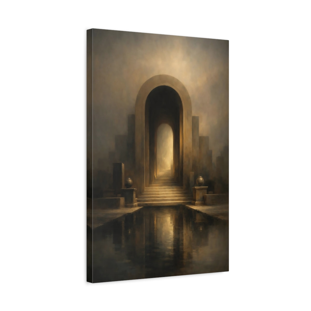 Side Mockup 3. Abstract Archway Brown Gold Archway shown as stretched canvas wall art