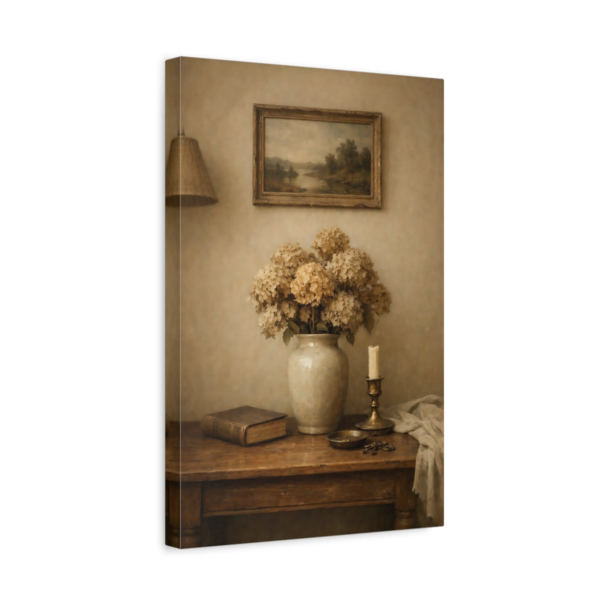 Side Mockup 4. Vintage Dried Hydrangeas Vintage Floral shown as stretched canvas wall art