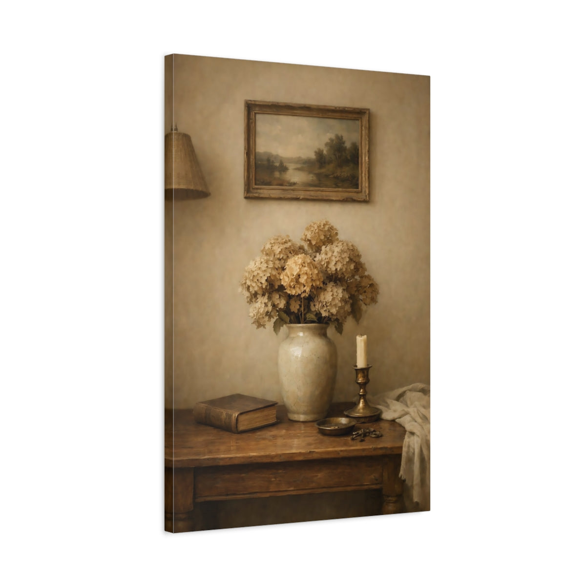 Side Mockup 2. Vintage Dried Hydrangeas Vintage Floral shown as stretched canvas wall art