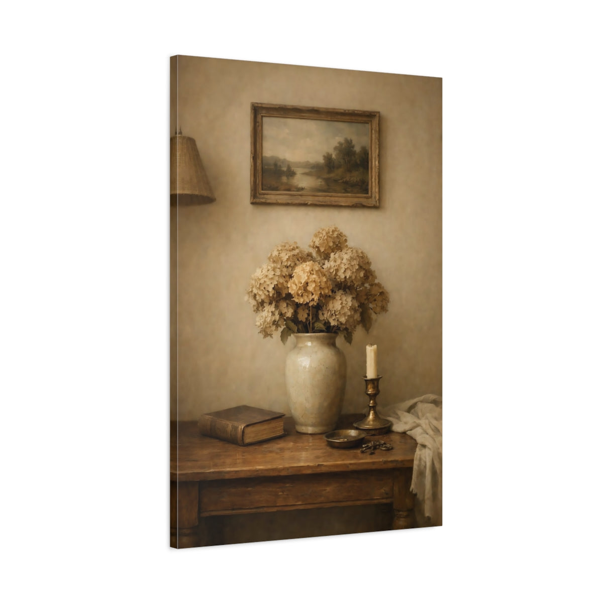 Side Mockup 1. Vintage Dried Hydrangeas Vintage Floral shown as stretched canvas wall art