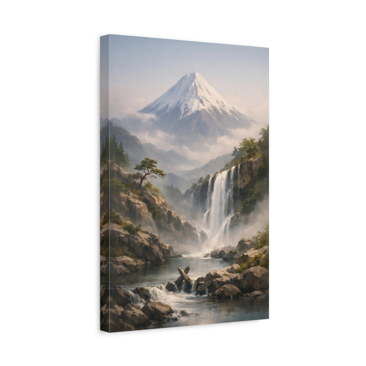 Side Mockup 4. Nature Mountain Waterfall Misty Mountain Waterfall shown as stretched canvas wall art