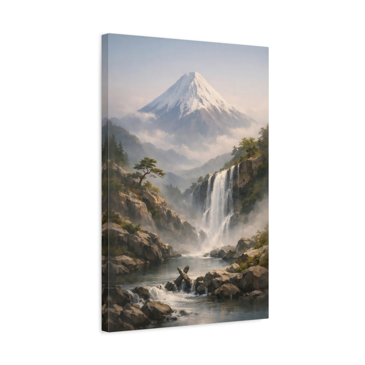 Side Mockup 3. Nature Mountain Waterfall Misty Mountain Waterfall shown as stretched canvas wall art