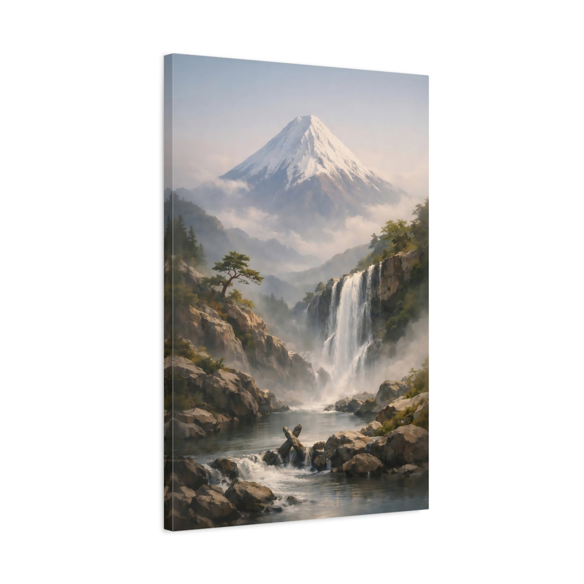 Side Mockup 2. Nature Mountain Waterfall Misty Mountain Waterfall shown as stretched canvas wall art