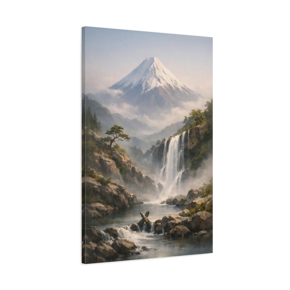 Side Mockup 1. Nature Mountain Waterfall Misty Mountain Waterfall shown as stretched canvas wall art