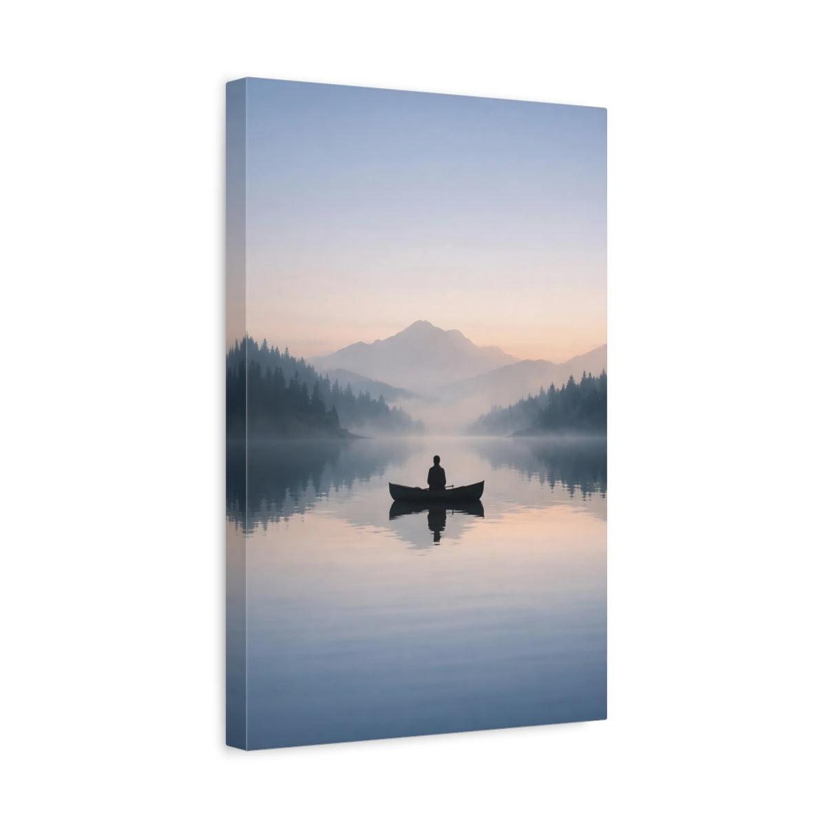 Side Mockup 4. Nature Canoeist Misty Lake shown as stretched canvas wall art