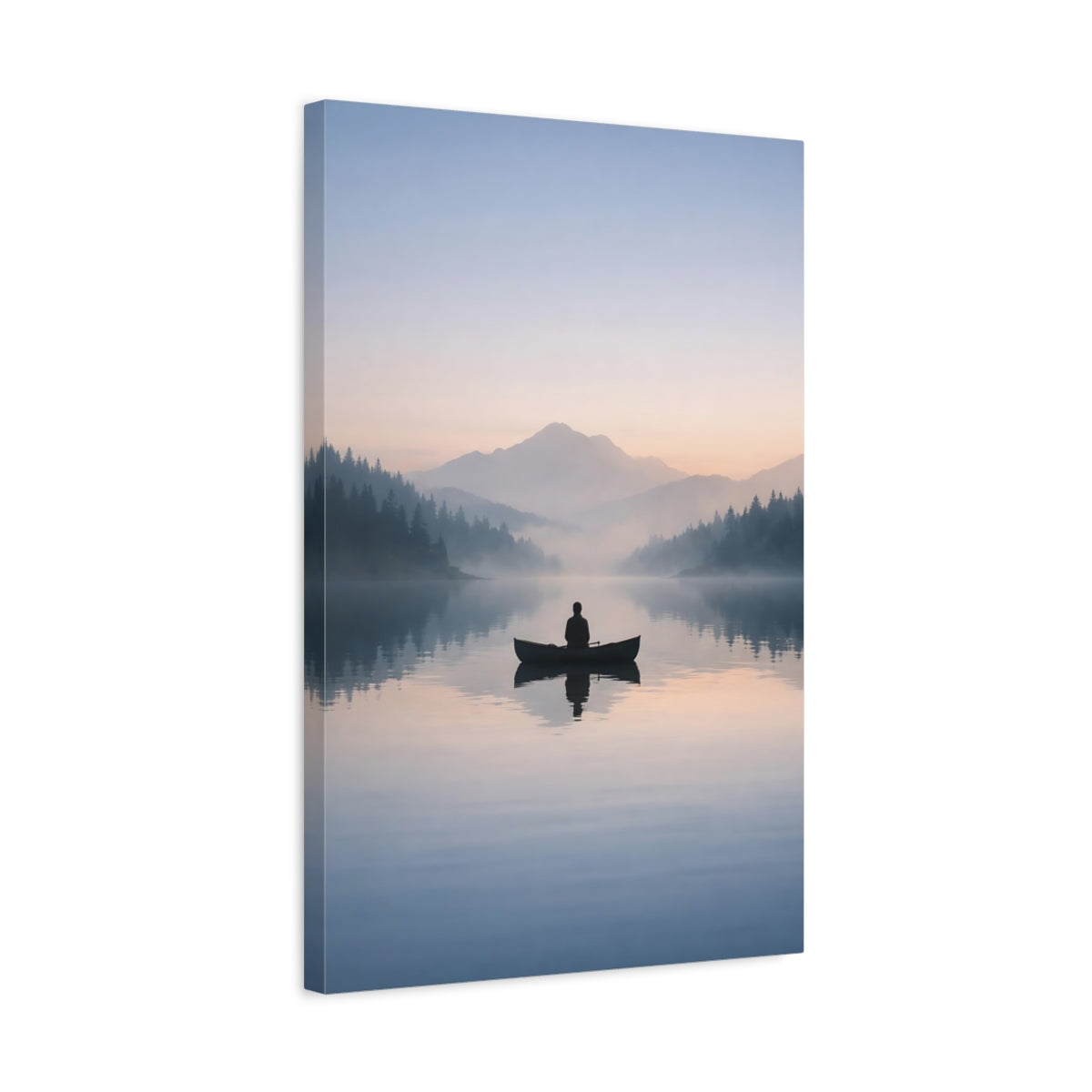 Side Mockup 3. Nature Canoeist Misty Lake shown as stretched canvas wall art