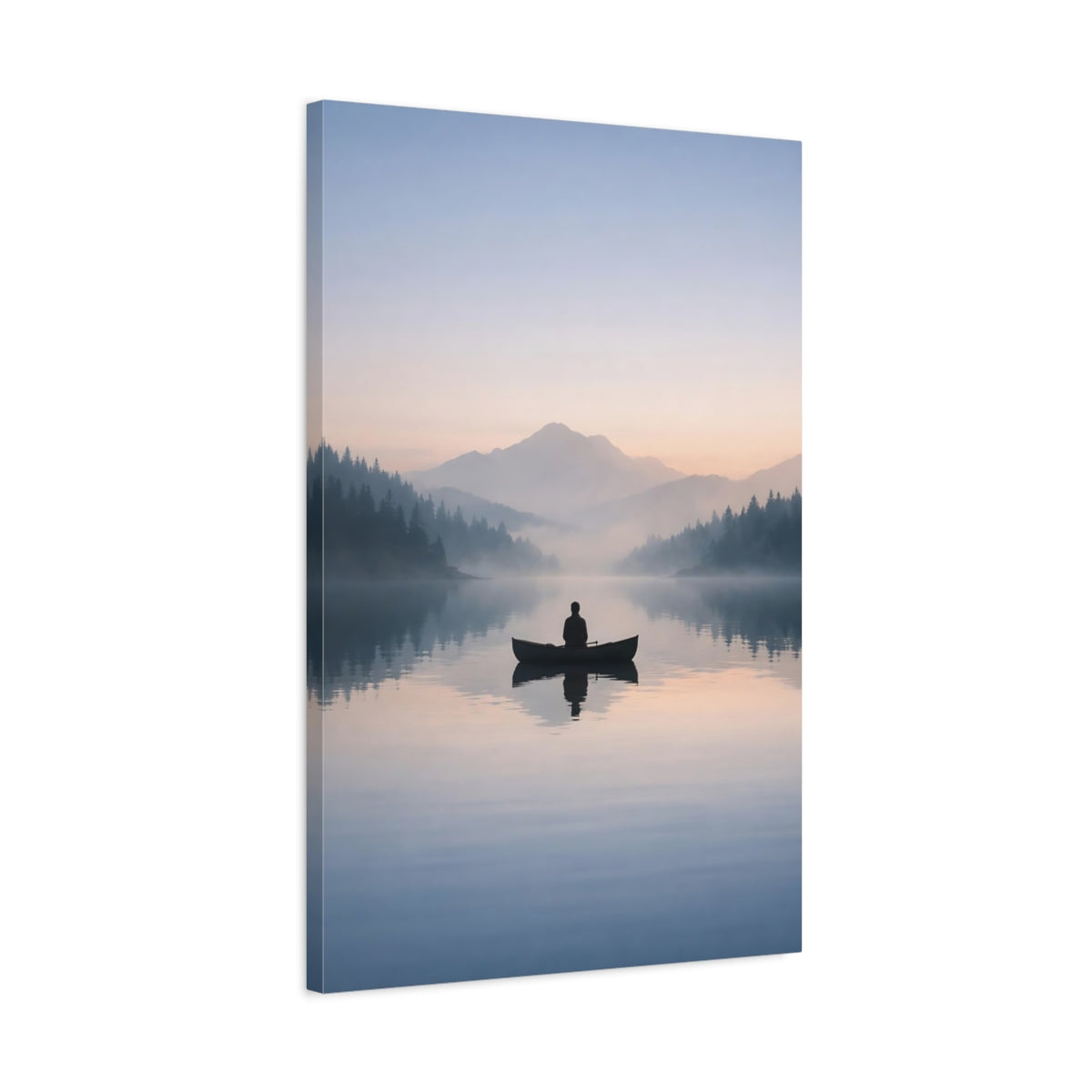 Side Mockup 2. Nature Canoeist Misty Lake shown as stretched canvas wall art