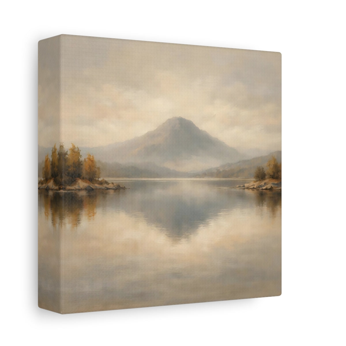 Side Mockup 1. Nature Mountain Lake Muted Landscape shown as stretched canvas wall art