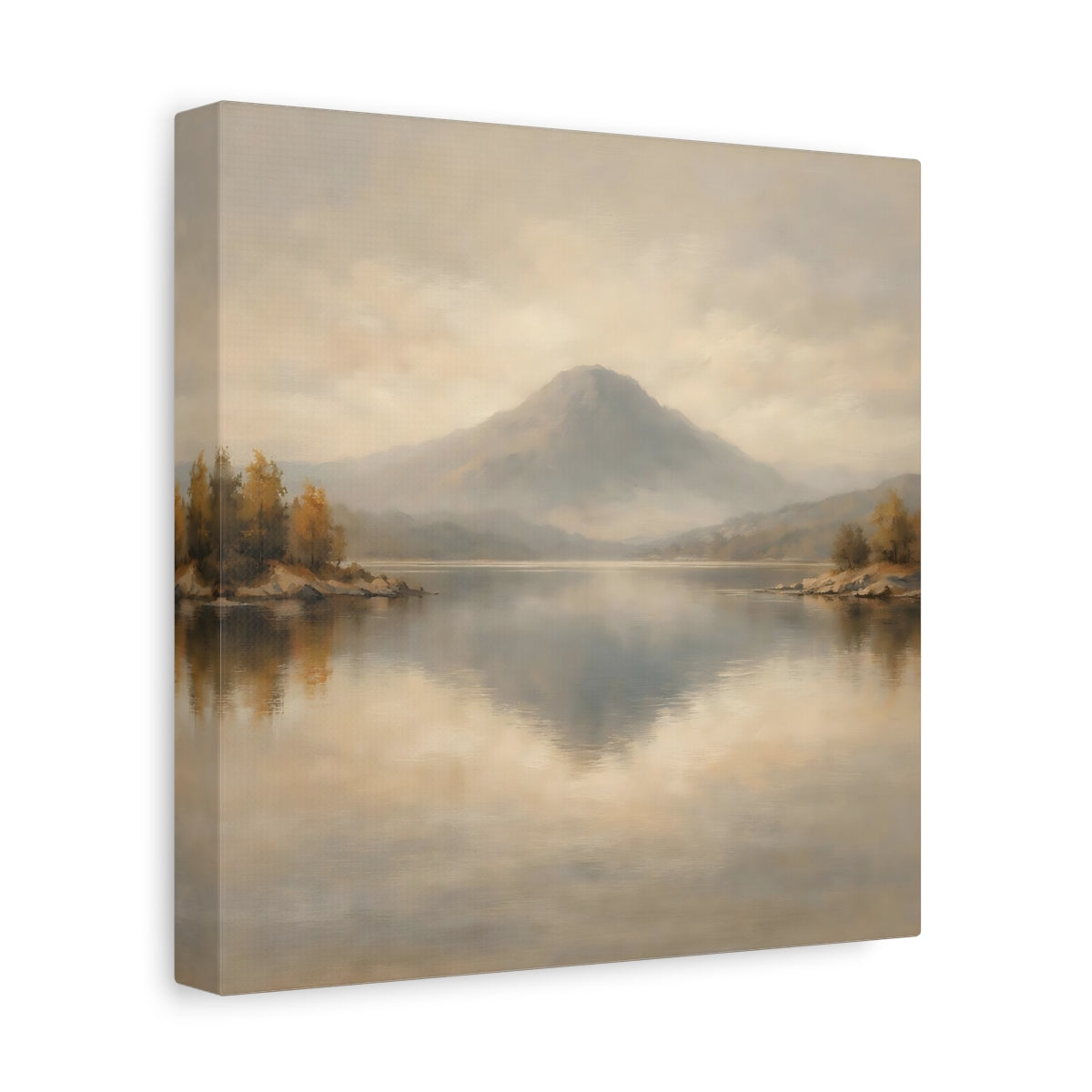 Side Mockup 9. Nature Mountain Lake Muted Landscape shown as stretched canvas wall art