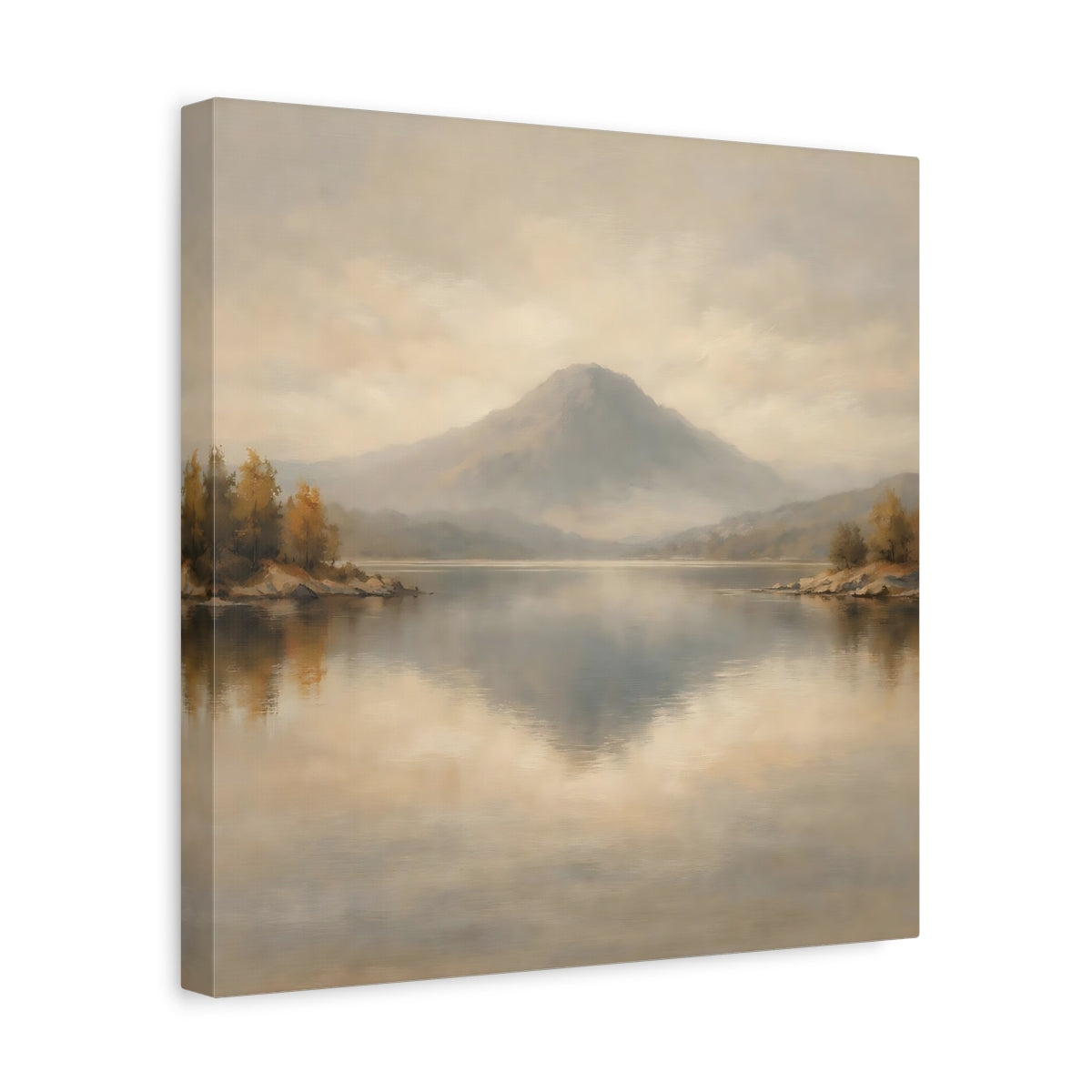 Side Mockup 7. Nature Mountain Lake Muted Landscape shown as stretched canvas wall art