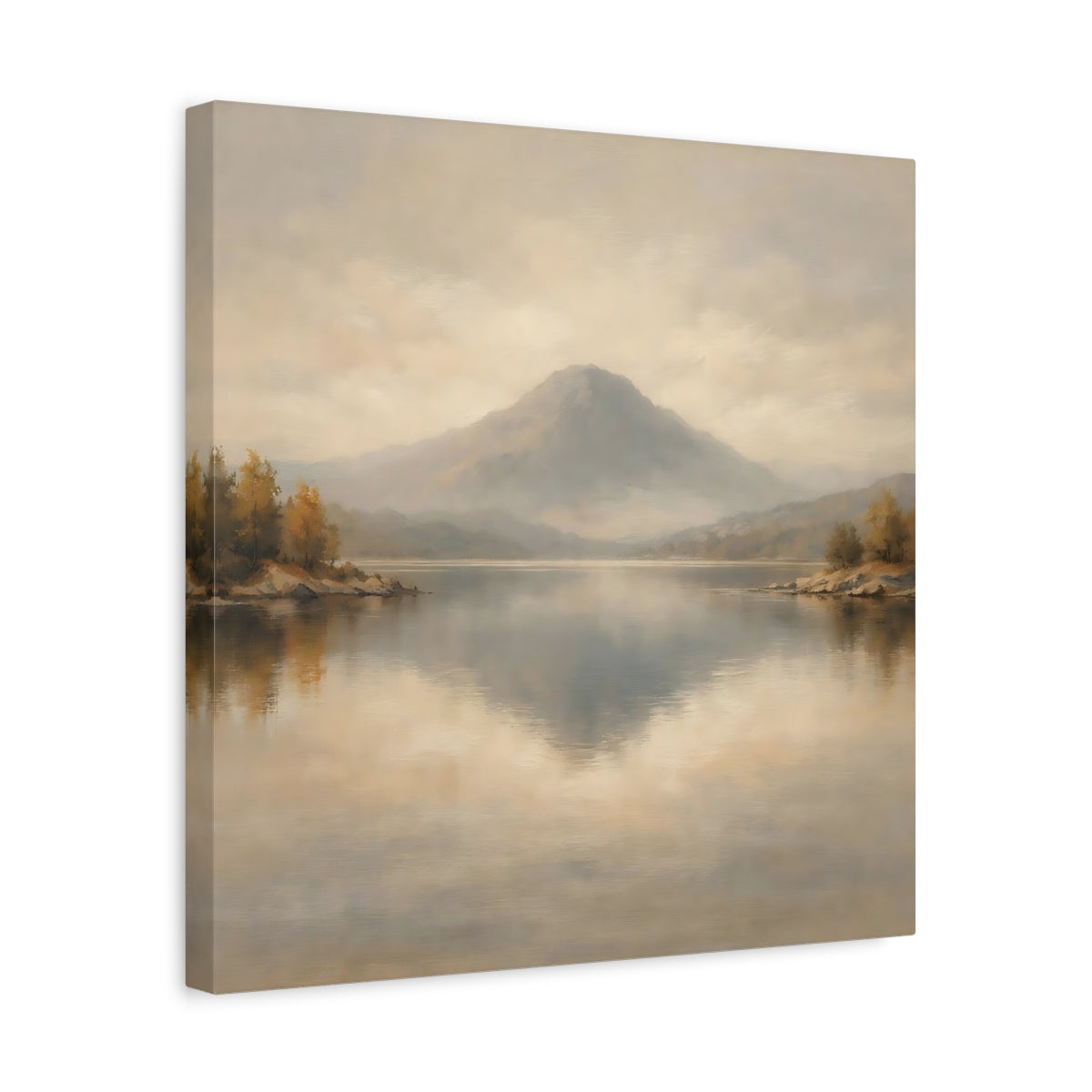 Side Mockup 6. Nature Mountain Lake Muted Landscape shown as stretched canvas wall art