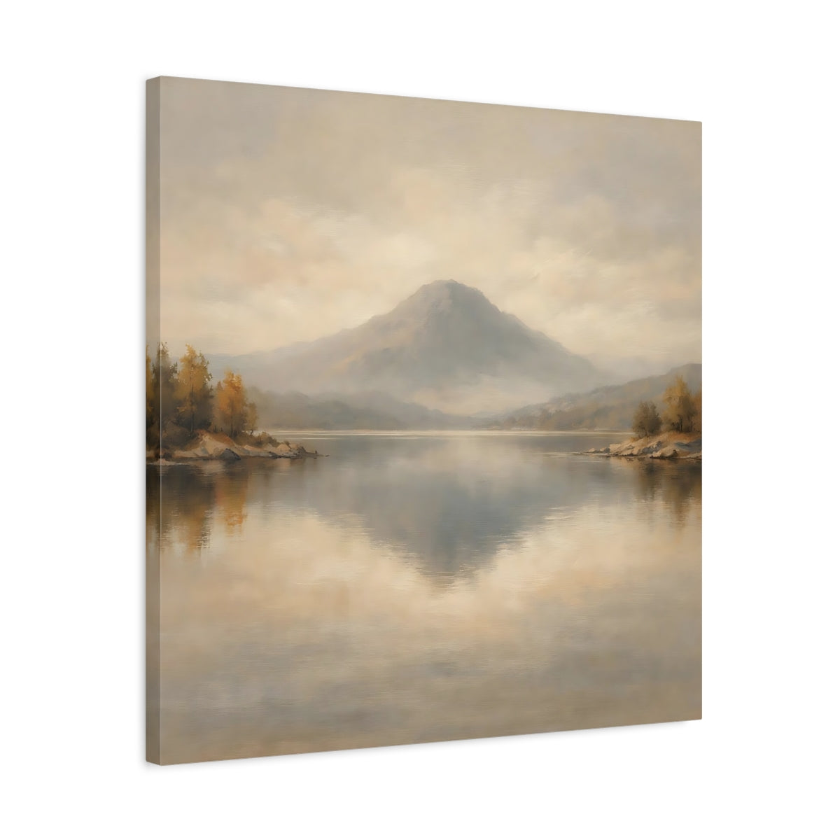 Side Mockup 4. Nature Mountain Lake Muted Landscape shown as stretched canvas wall art
