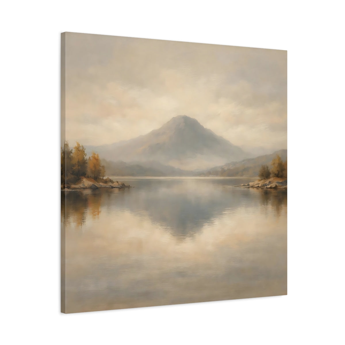 Side Mockup 3. Nature Mountain Lake Muted Landscape shown as stretched canvas wall art