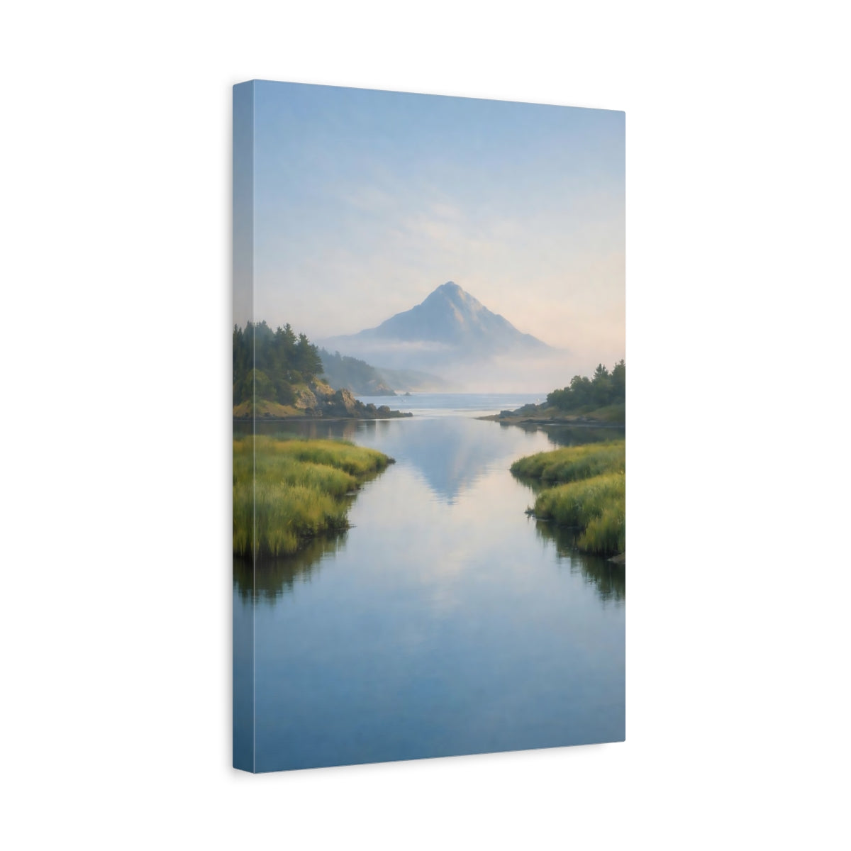 Side Mockup 4. Nature Mountain Lake Blue And Green Landscape shown as stretched canvas wall art