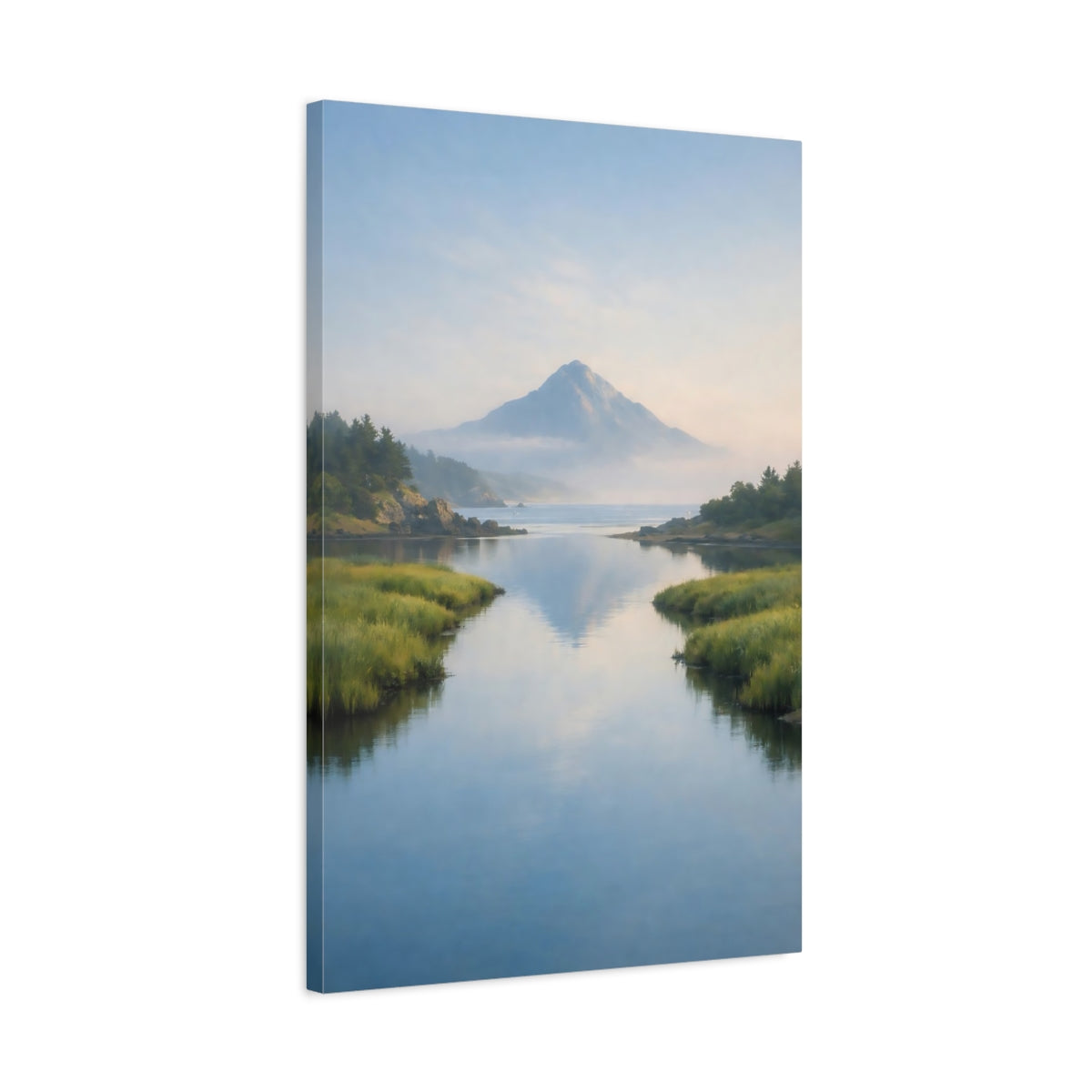 Side Mockup 2. Nature Mountain Lake Blue And Green Landscape shown as stretched canvas wall art