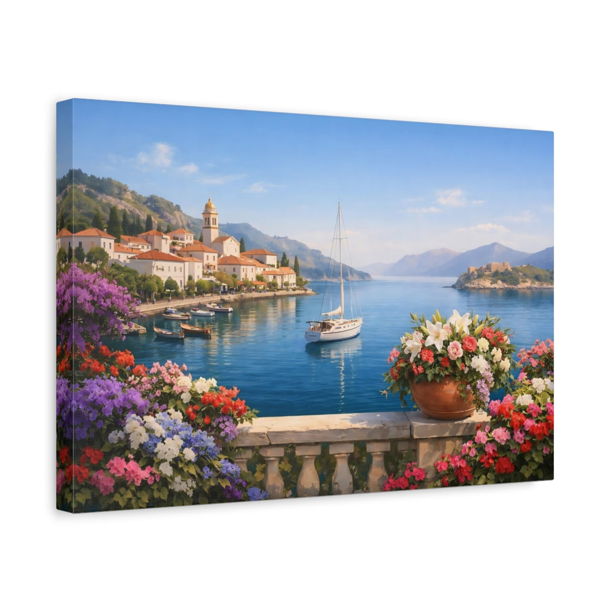 Floral Mediterranean Harbor View Coastal Village Nature - Canvas Wall Art Print