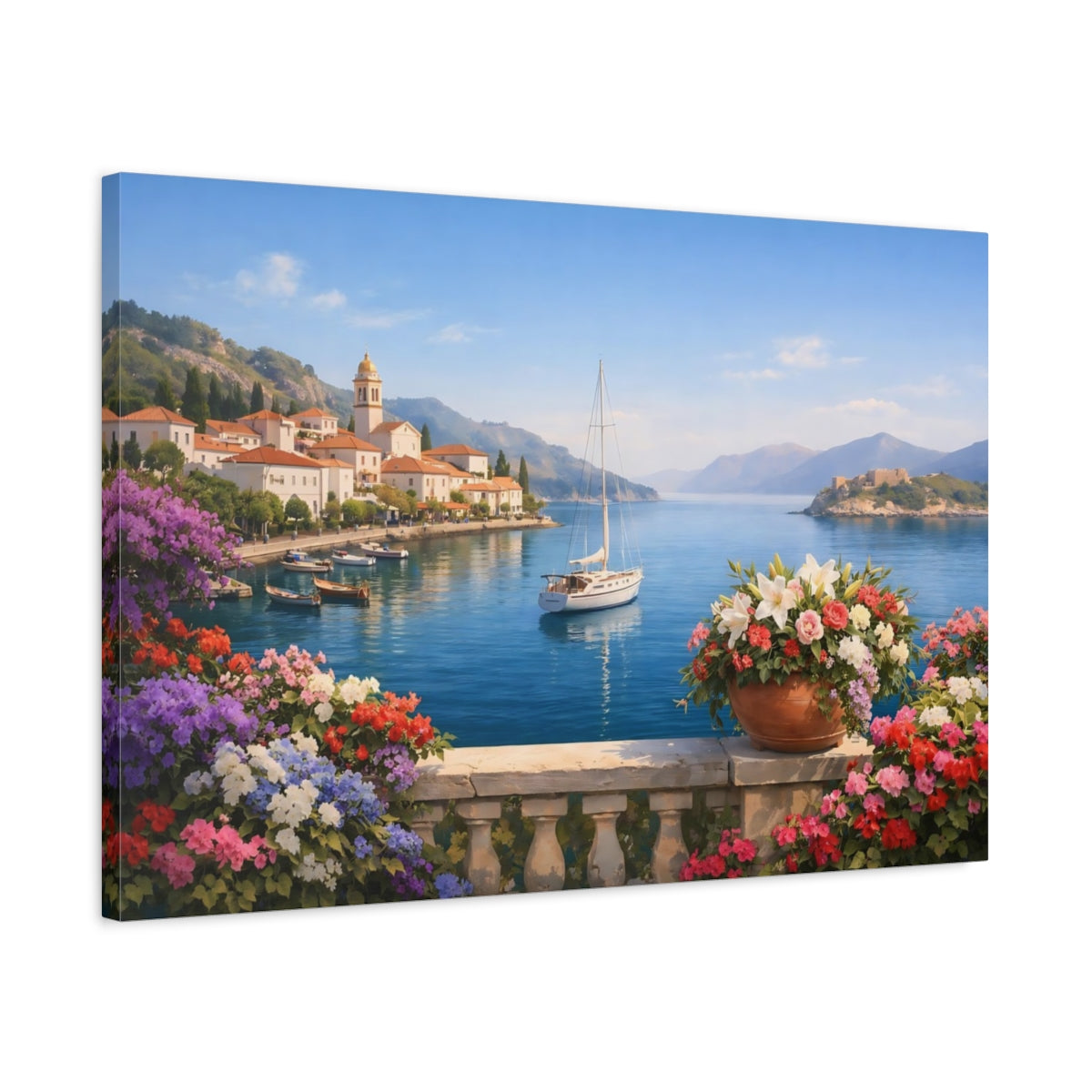 Floral Mediterranean Harbor View Coastal Village Nature - Canvas Wall Art Print