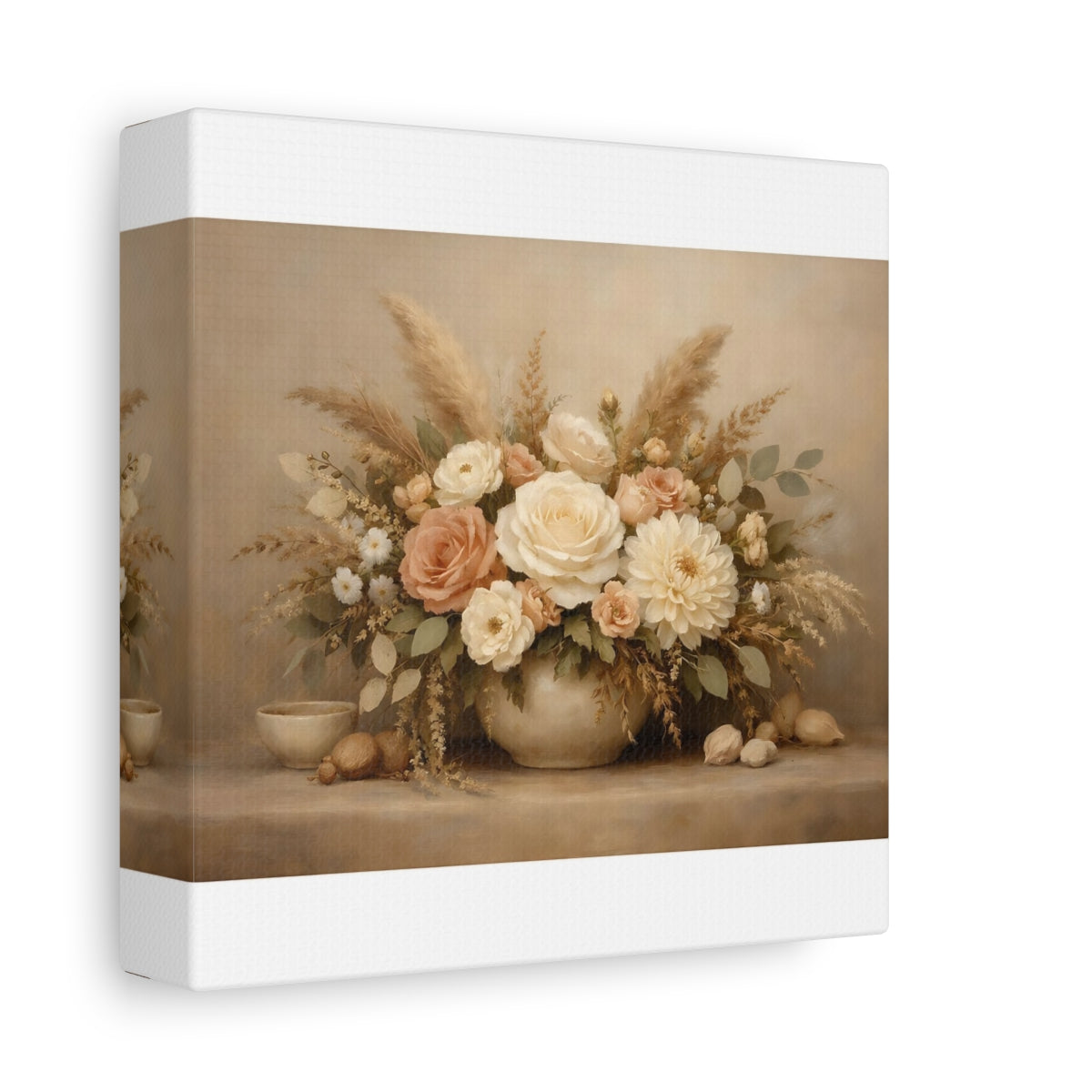 Side Mockup 1. Floral Flower Bouquet Neutral Floral Arrangement shown as stretched canvas wall art