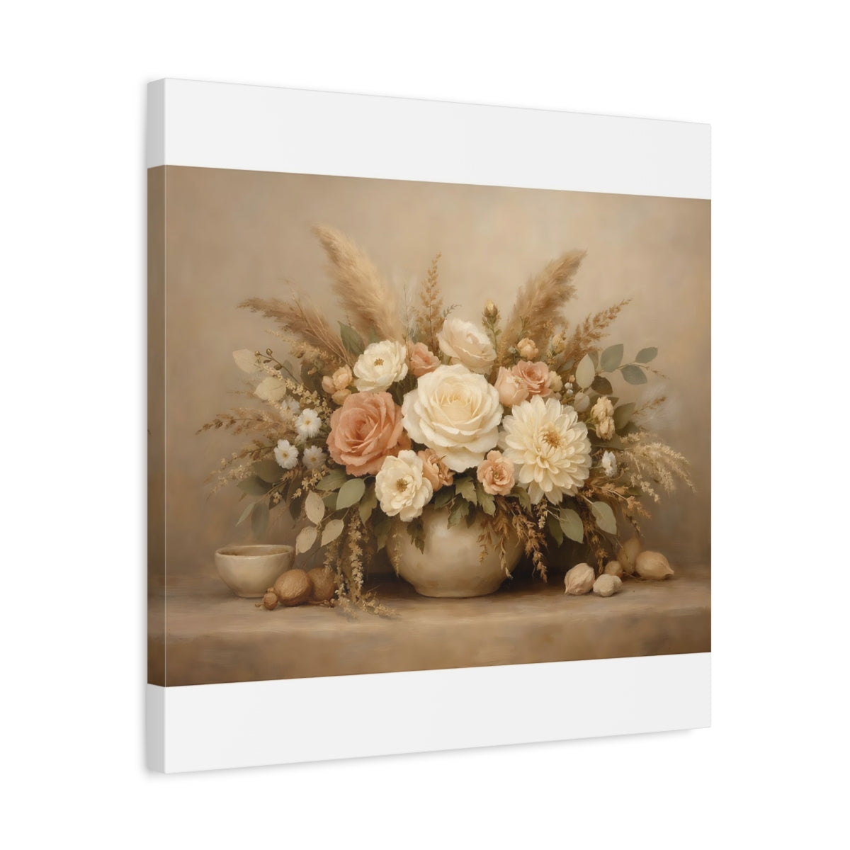 Side Mockup 5. Floral Flower Bouquet Neutral Floral Arrangement shown as stretched canvas wall art