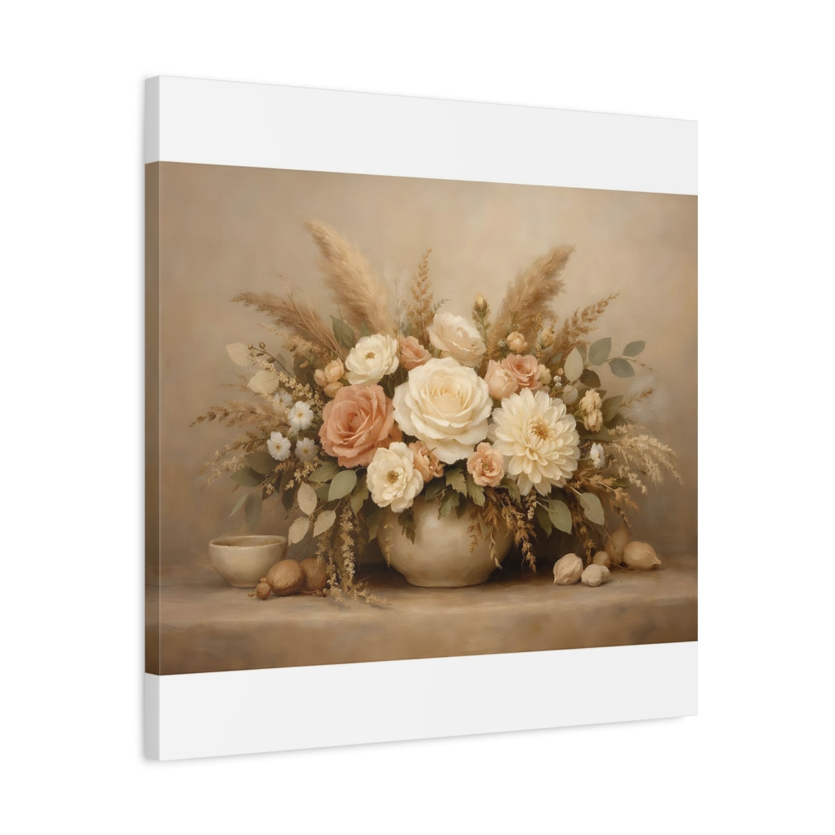 Side Mockup 4. Floral Flower Bouquet Neutral Floral Arrangement shown as stretched canvas wall art