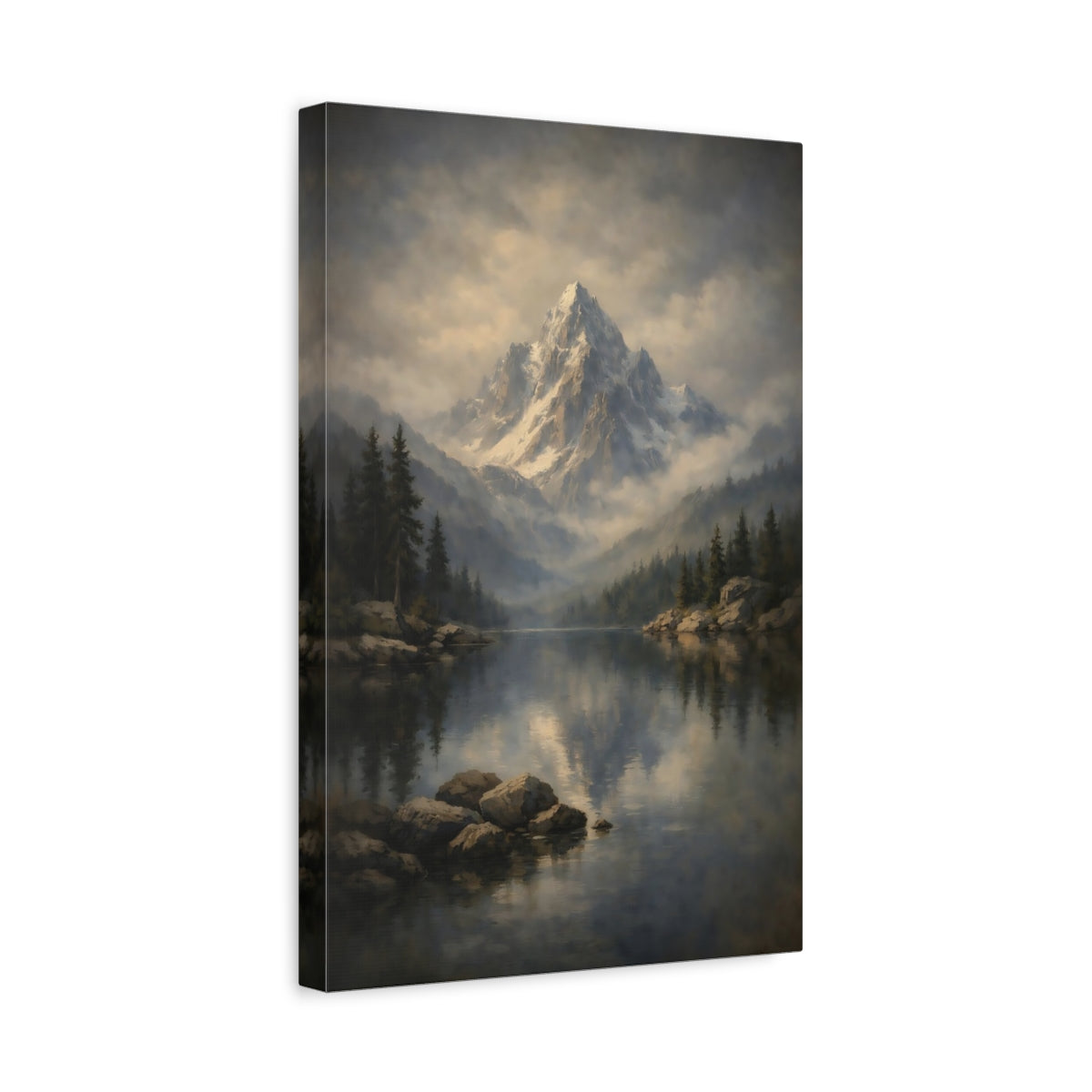 Side Mockup 4. Nature Mountain Lake Misty Mountain Lake shown as stretched canvas wall art