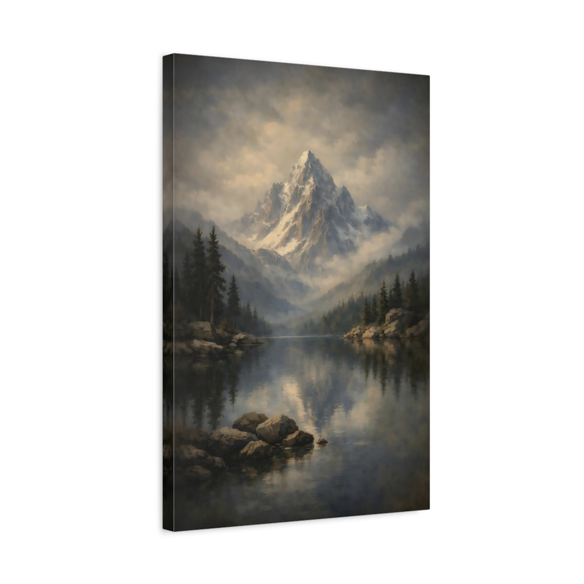 Side Mockup 3. Nature Mountain Lake Misty Mountain Lake shown as stretched canvas wall art