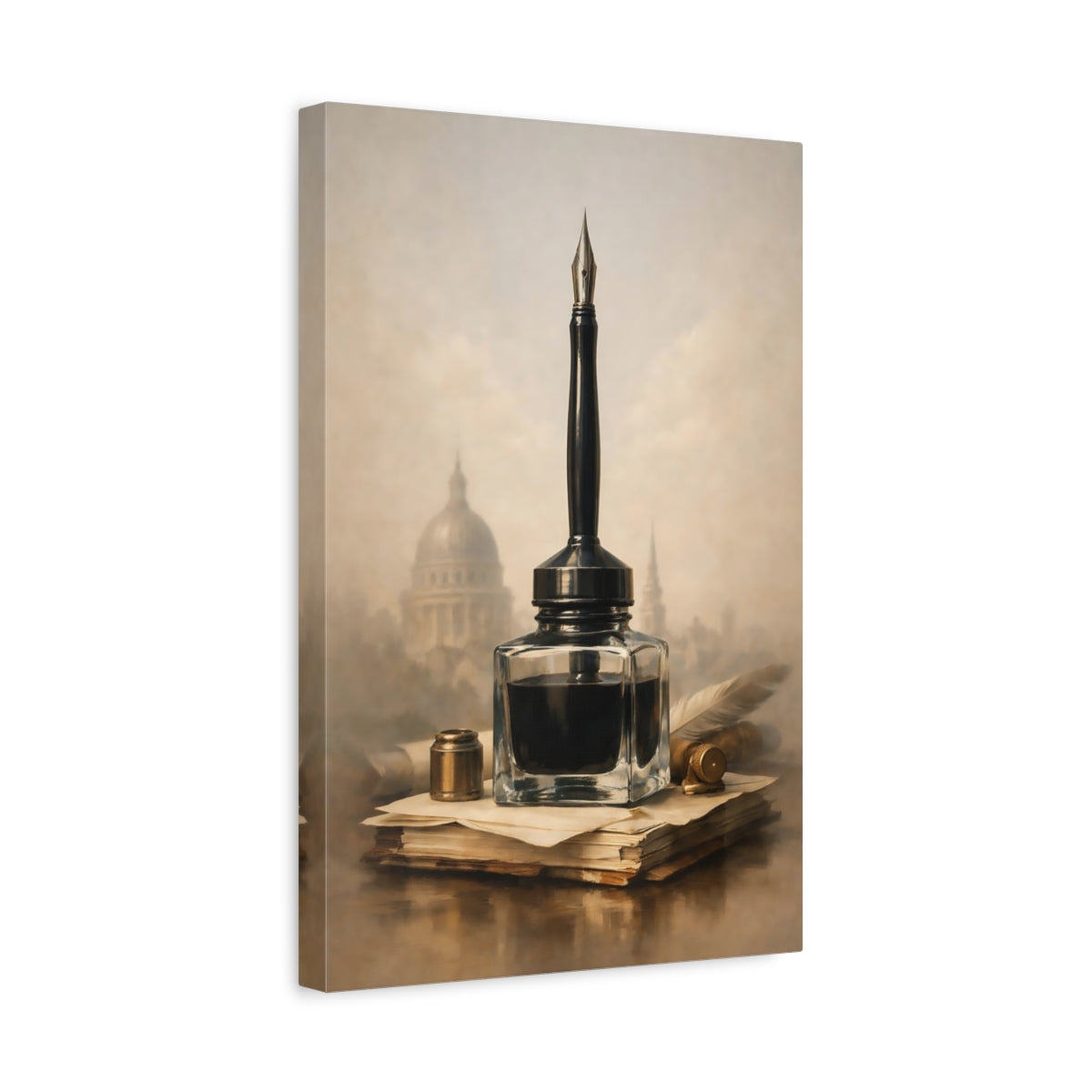 Side Mockup 4. Vintage Inkwell Brown And Gold shown as stretched canvas wall art