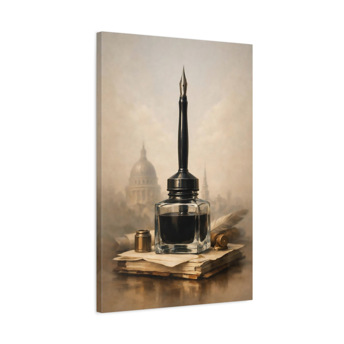 Side Mockup 2. Vintage Inkwell Brown And Gold shown as stretched canvas wall art