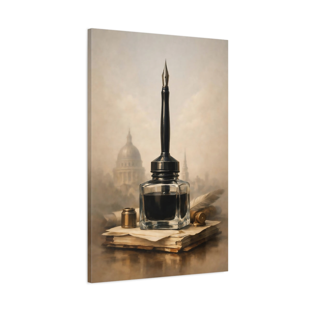 Side Mockup 1. Vintage Inkwell Brown And Gold shown as stretched canvas wall art