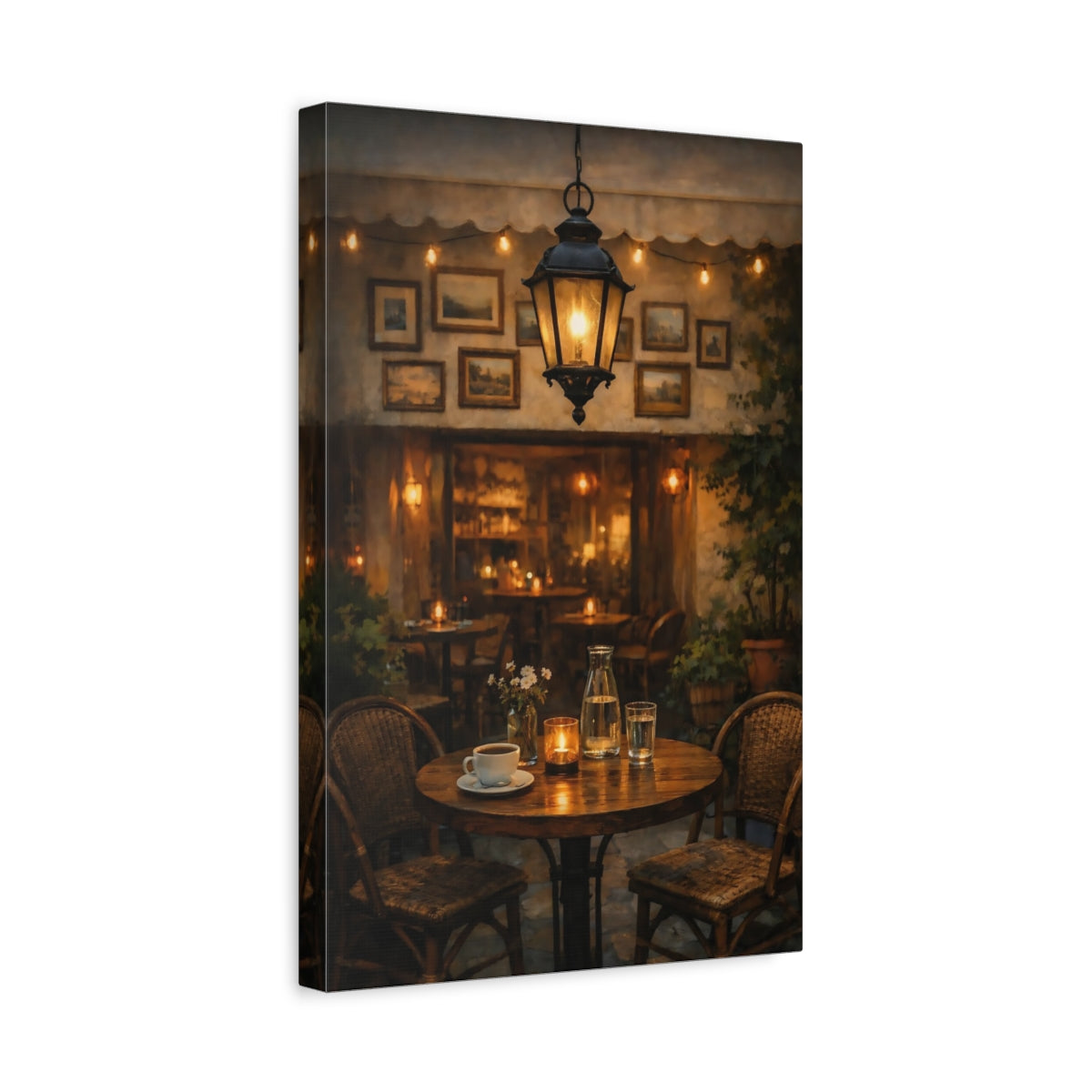 Side Mockup 4. Vintage Cafe Table Cozy Cafe Scene shown as stretched canvas wall art
