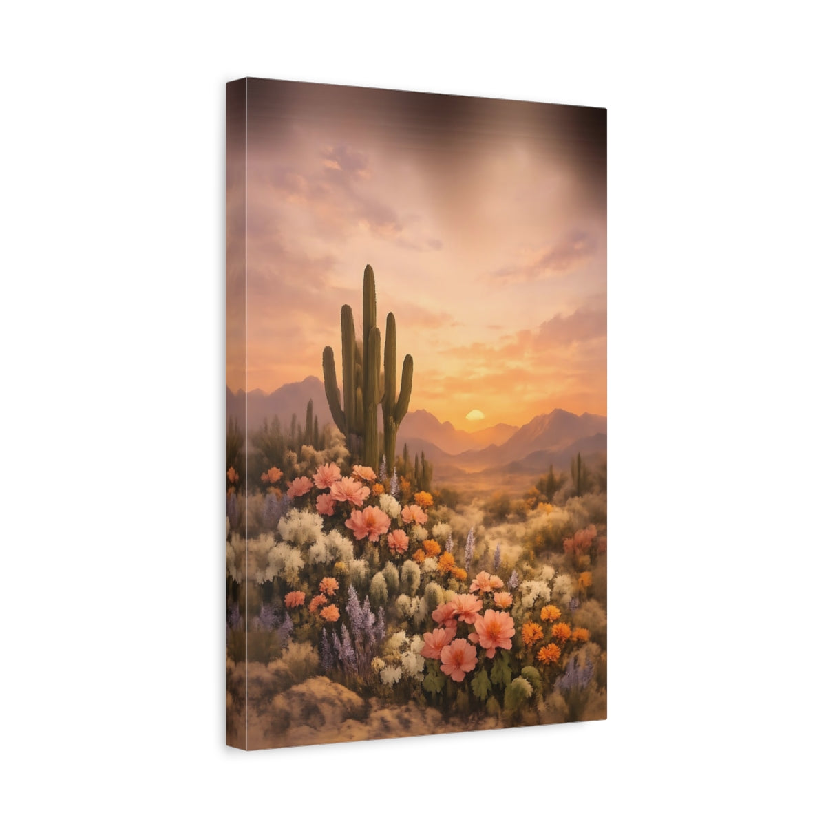 Nature Cactus Wildflowers Desert Sunset Flowers - Canvas Wall Art Print