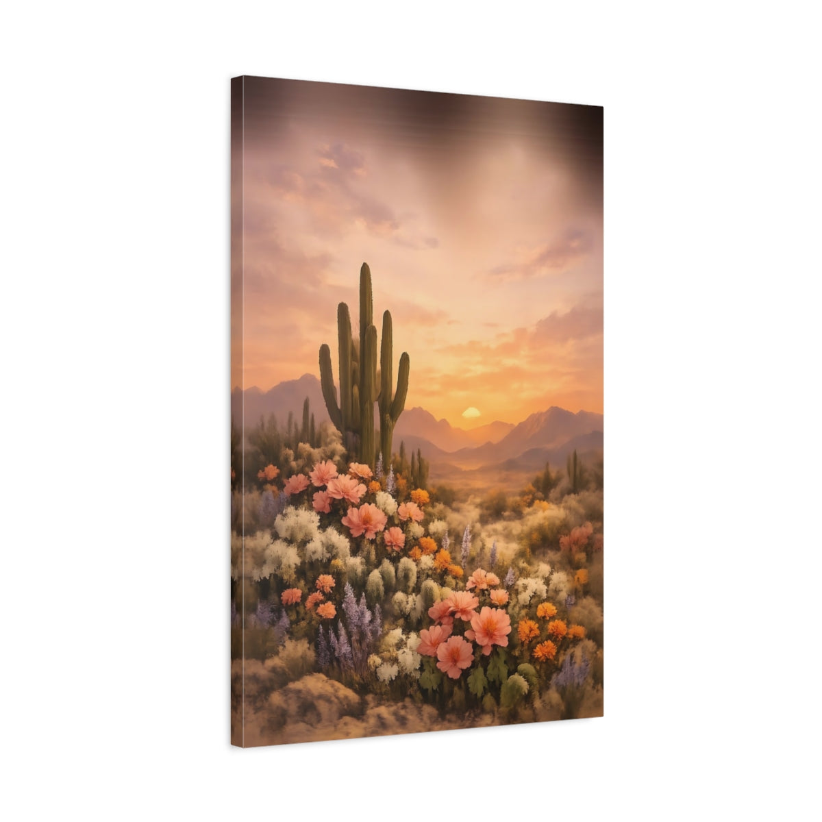 Nature Cactus Wildflowers Desert Sunset Flowers - Canvas Wall Art Print