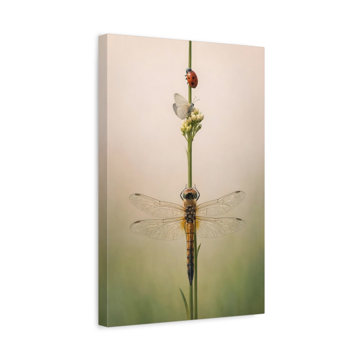 Side Mockup 4. Nature Dragonfly Green Beige Insects shown as stretched canvas wall art
