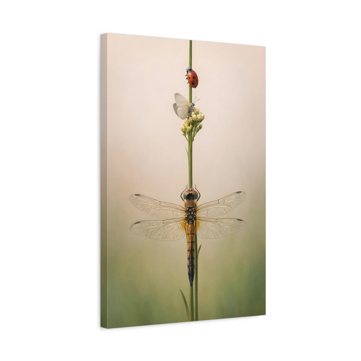 Side Mockup 3. Nature Dragonfly Green Beige Insects shown as stretched canvas wall art