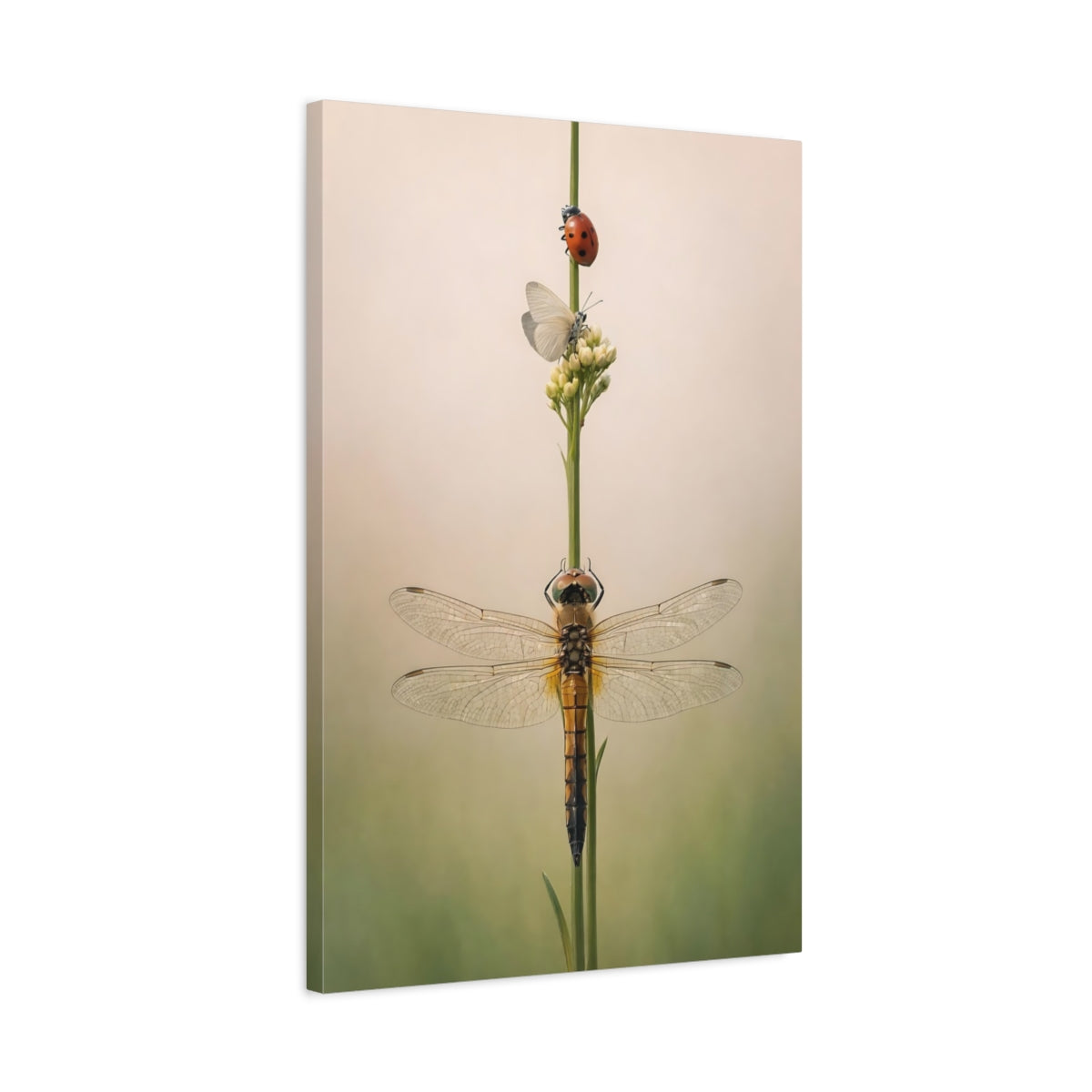 Side Mockup 2. Nature Dragonfly Green Beige Insects shown as stretched canvas wall art