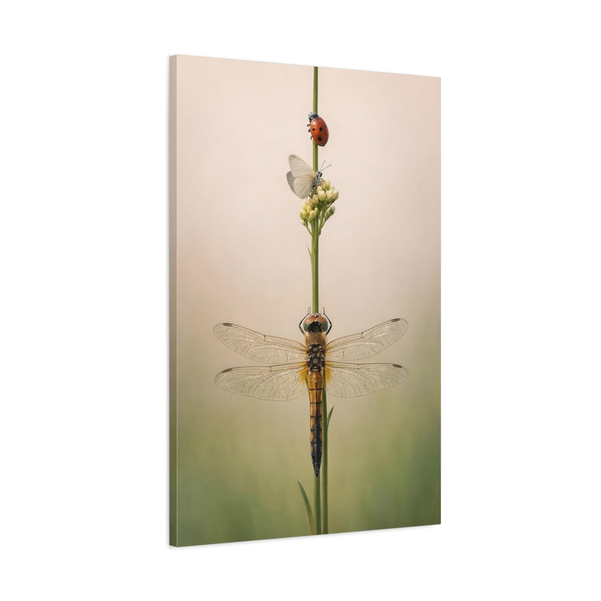 Side Mockup 1. Nature Dragonfly Green Beige Insects shown as stretched canvas wall art