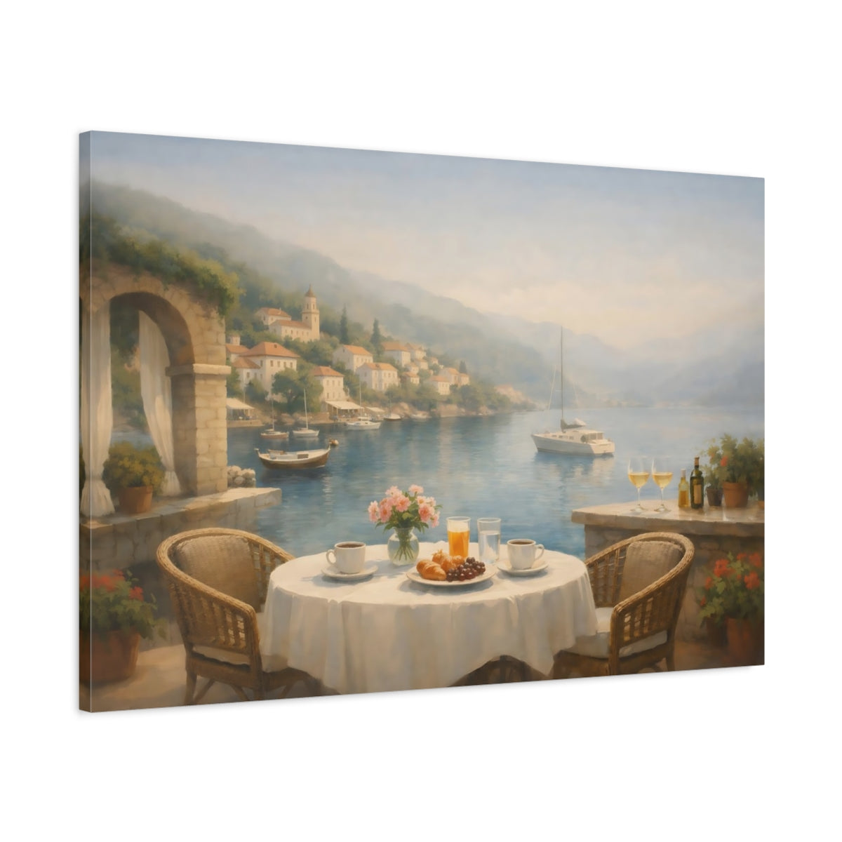 Side Mockup 1. Mist Depth Mediterranean Harbor Cafe shown as stretched canvas wall art