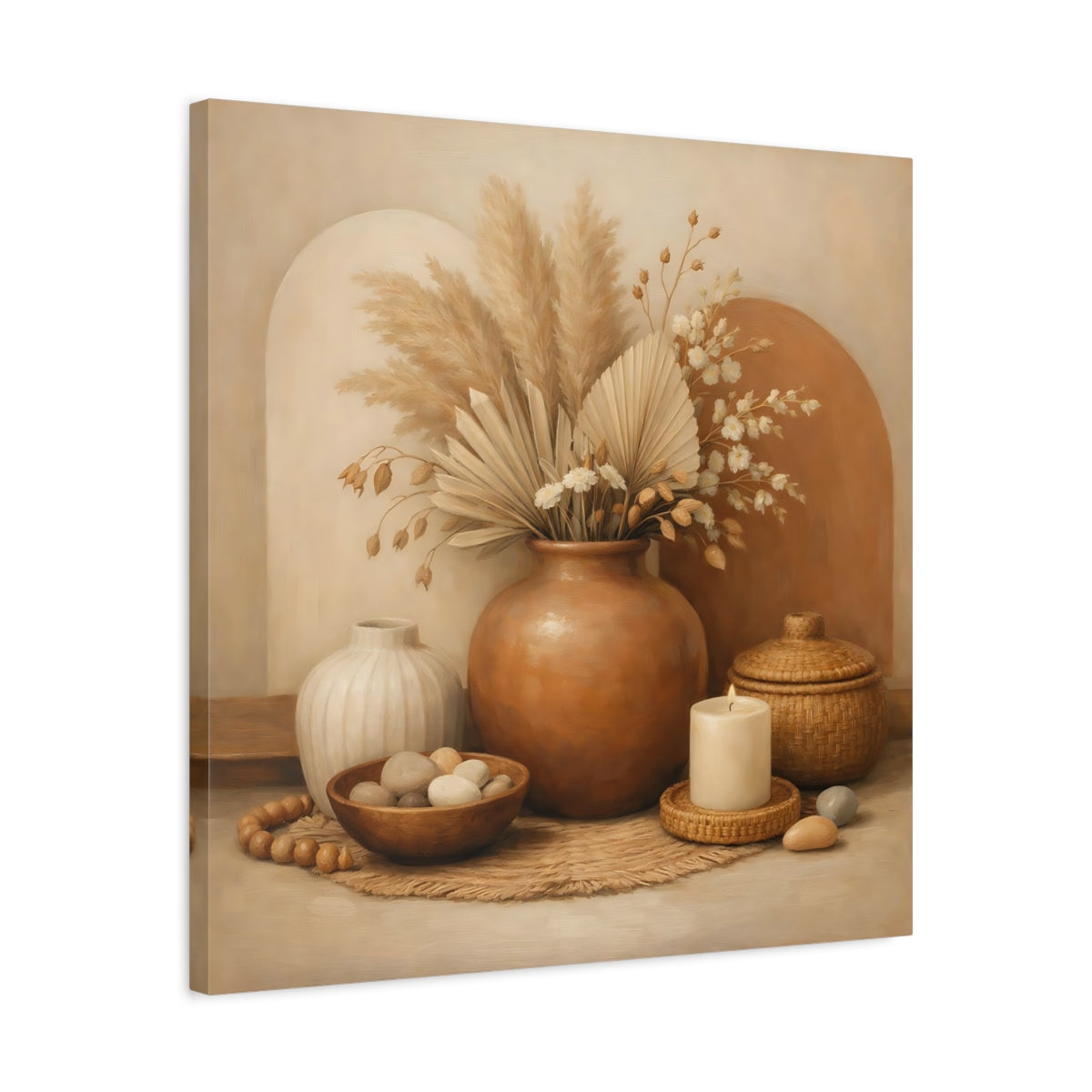 Side Mockup 4. Nature Pampas Grass Earthy Tone Still Life shown as stretched canvas wall art
