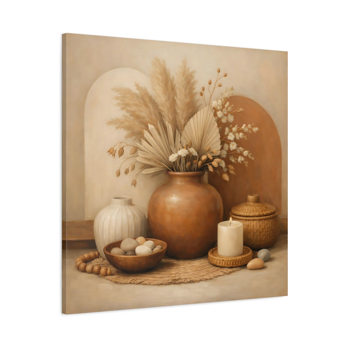 Side Mockup 2. Nature Pampas Grass Earthy Tone Still Life shown as stretched canvas wall art