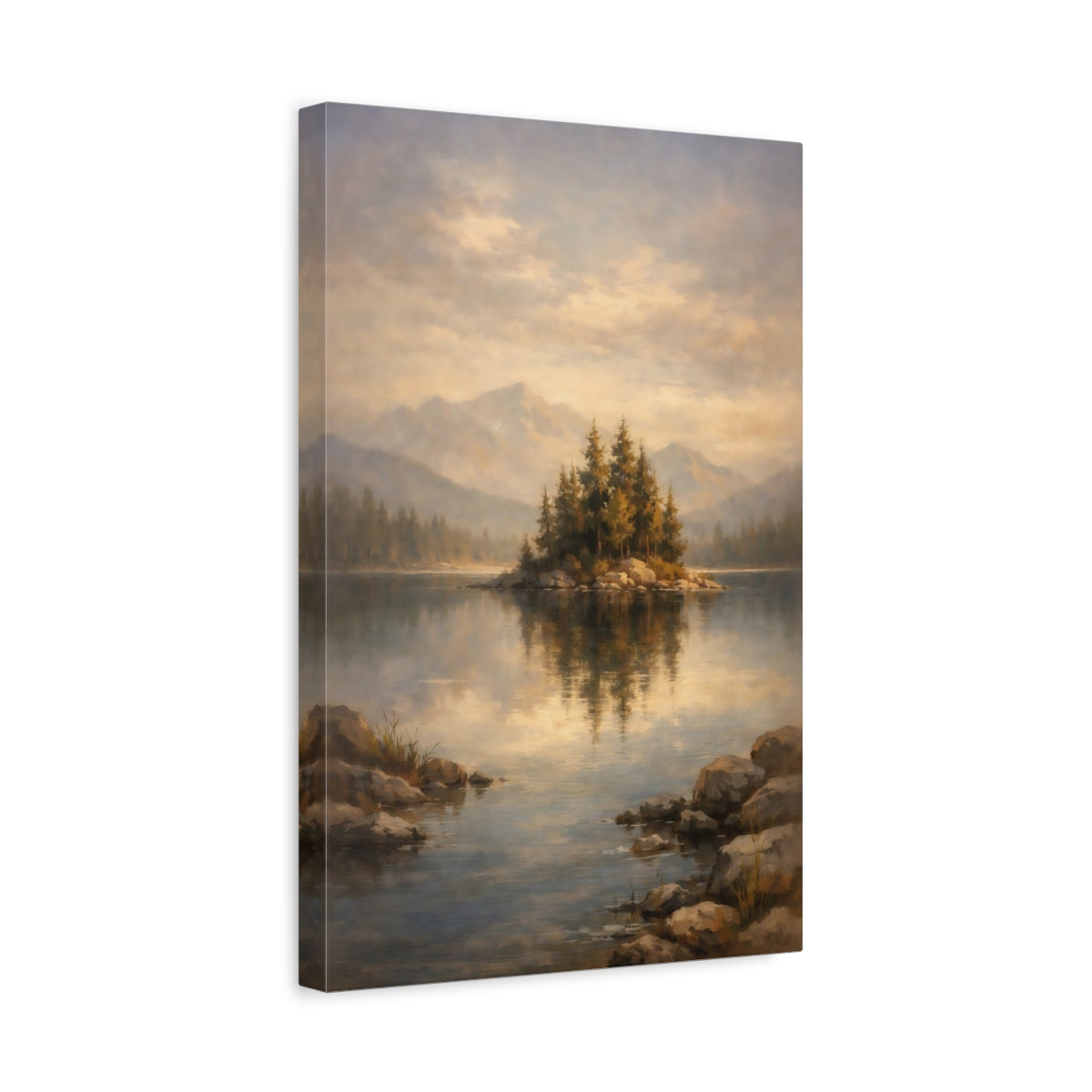 Side Mockup 4. Nature Island Lake Misty Lake Island shown as stretched canvas wall art