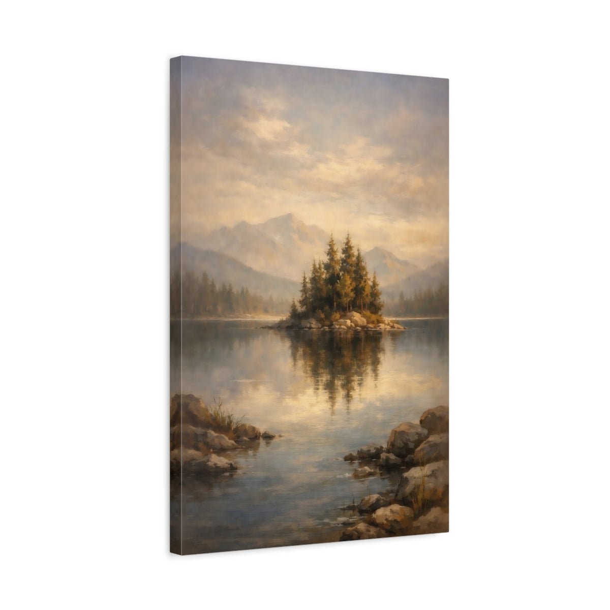 Side Mockup 3. Nature Island Lake Misty Lake Island shown as stretched canvas wall art