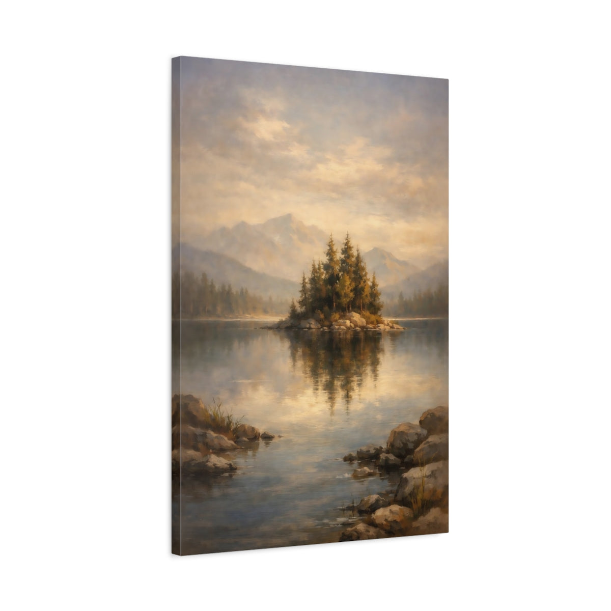 Side Mockup 2. Nature Island Lake Misty Lake Island shown as stretched canvas wall art