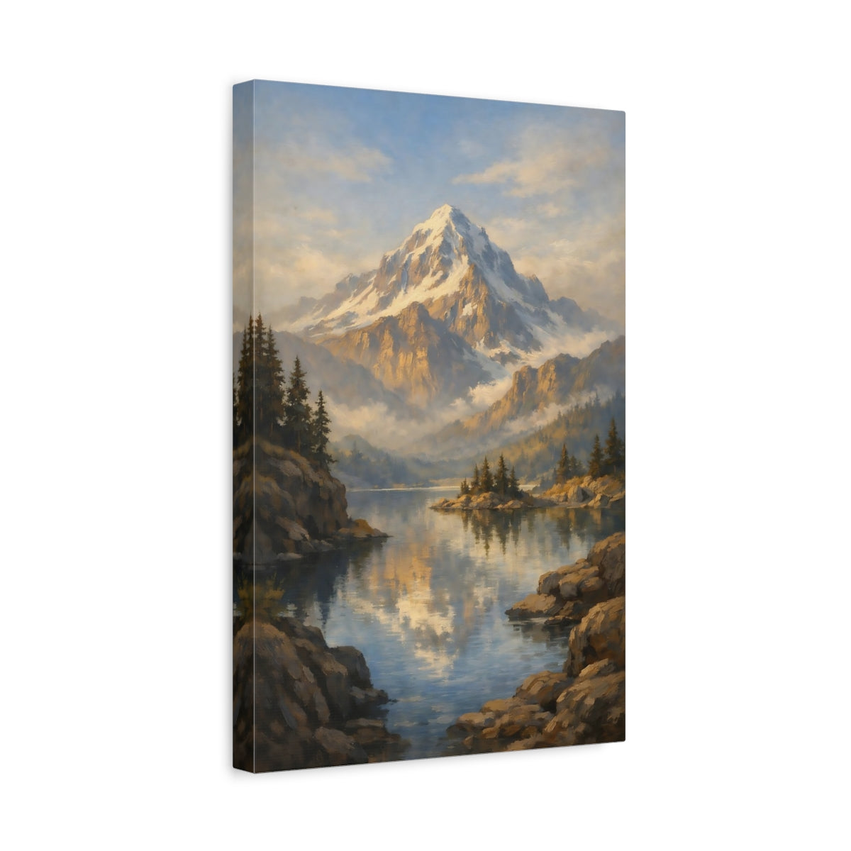 Side Mockup 4. Nature Snowy Mountain Blue And Gold Landscape shown as stretched canvas wall art