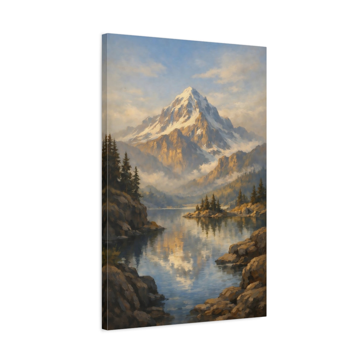 Side Mockup 2. Nature Snowy Mountain Blue And Gold Landscape shown as stretched canvas wall art