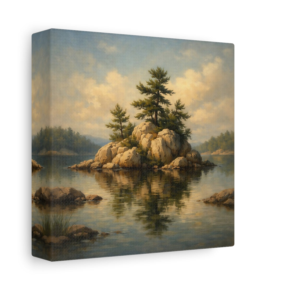 Side Mockup 1. Nature Pine Island Pine Island Lake shown as stretched canvas wall art
