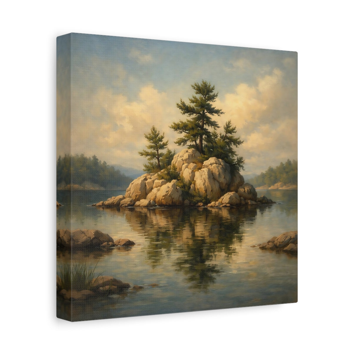 Side Mockup 9. Nature Pine Island Pine Island Lake shown as stretched canvas wall art
