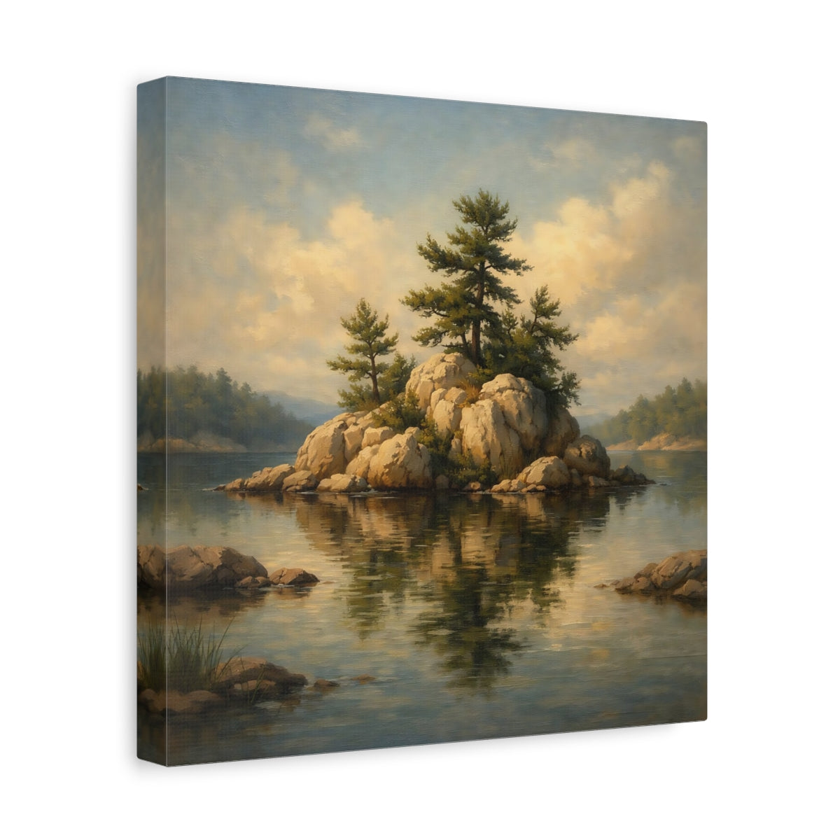 Side Mockup 8. Nature Pine Island Pine Island Lake shown as stretched canvas wall art