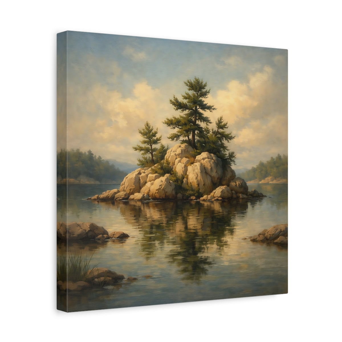 Side Mockup 7. Nature Pine Island Pine Island Lake shown as stretched canvas wall art